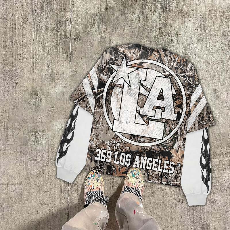 Woodland Camo Double-Layer Long-Sleeve T-Shirt & Stripe Fleece Sweatpants Full Set