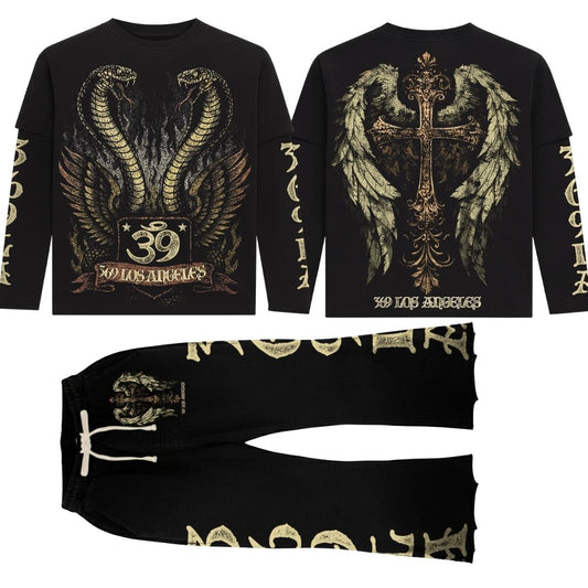 Angel Snake Double-Layer Long-Sleeve T-Shirt & Flare Sweatpants Full Set