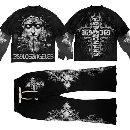 Human Angels Double-Layer Long-Sleeve T-Shirt & Flare Sweatpants Full Set