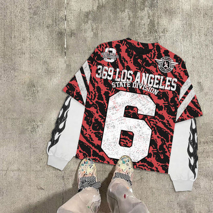 Red Tiger Double-Layer Long-Sleeve T-Shirt & Stripe Fleece Sweatpants Full Set