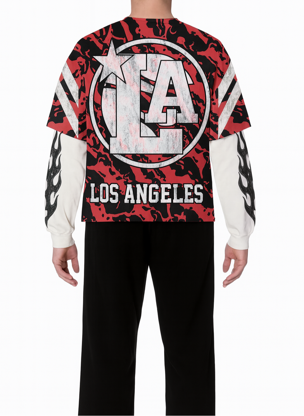 Red Tiger Double-Layer Long-Sleeve T-Shirt & Stripe Fleece Sweatpants Full Set