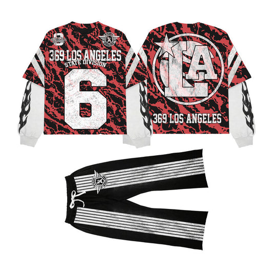 Red Tiger Double-Layer Long-Sleeve T-Shirt & Stripe Fleece Sweatpants Full Set